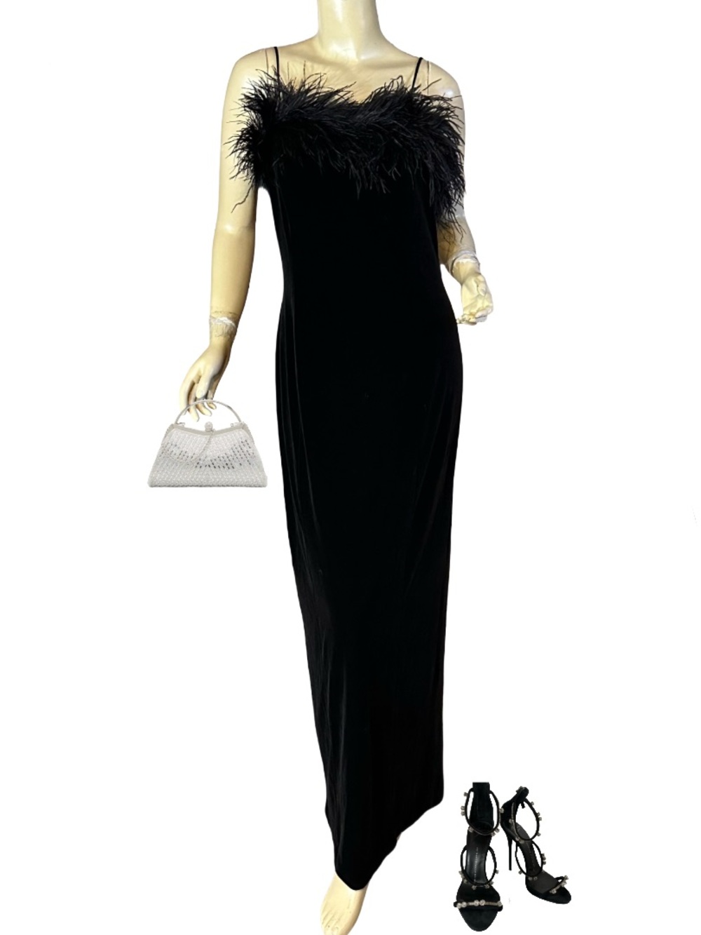 VINTAGE 1990'S ALEX EVENINGS BLACK EVENING DRESS W/ OSTRICH FEATHER ACCENTS (8)